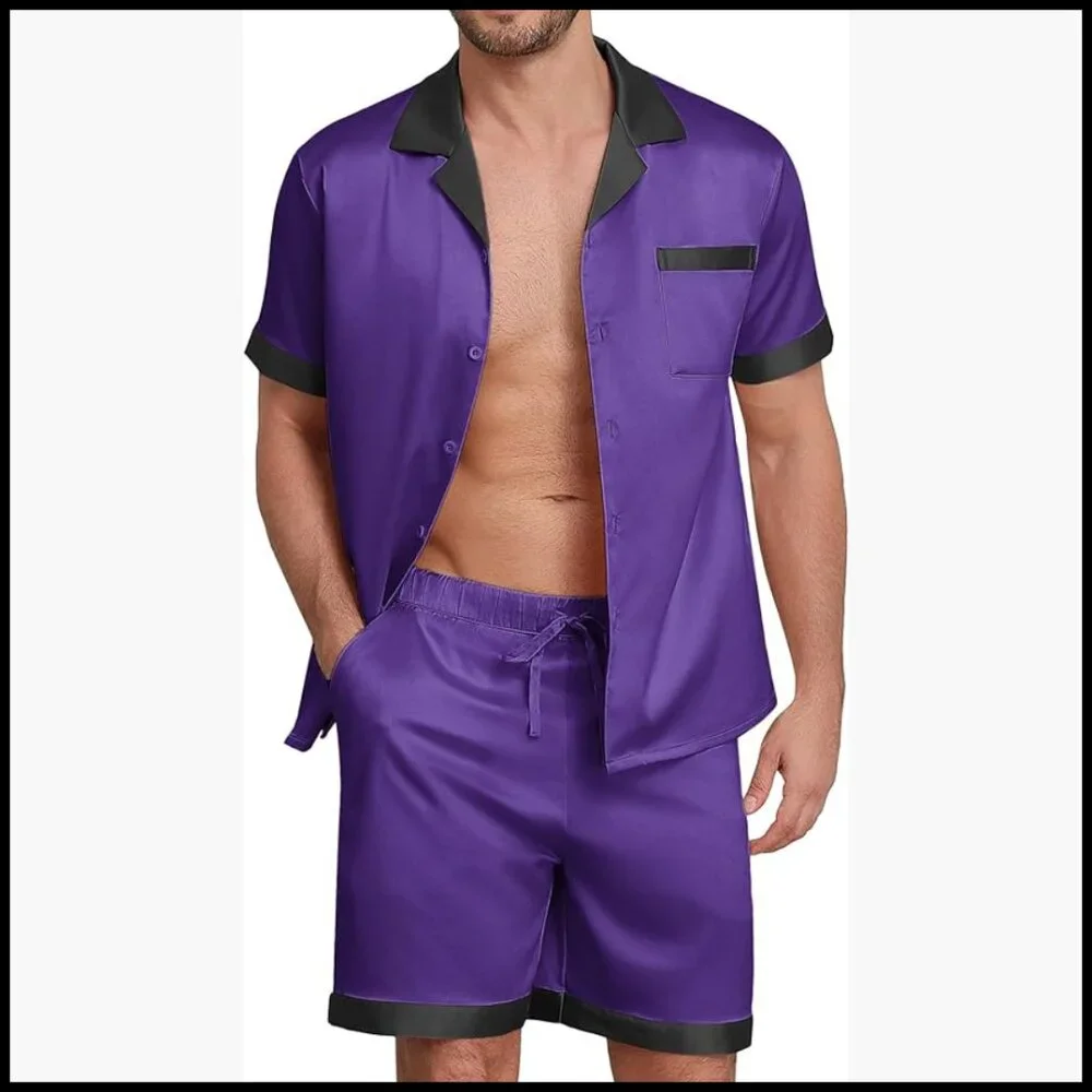 Men's Satin Silk Pajamas Set Short Sleeve Sleepwear with Pockets